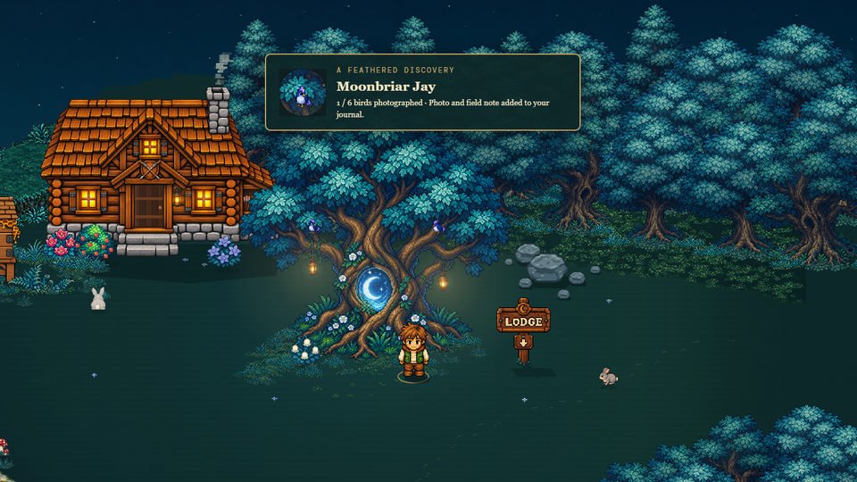 The Moonbriar Jay photo discovery appears above Rowan, blue birds and the glowing portal tree.