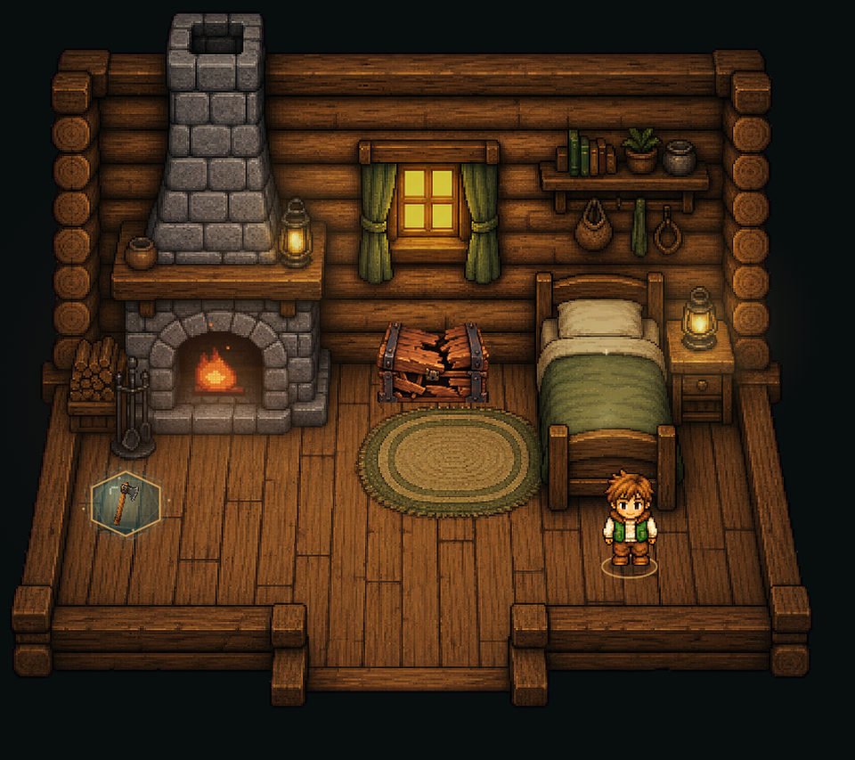 Rowan inside a wooden cabin with a glowing hearth, bed, wall clock and a small rug.