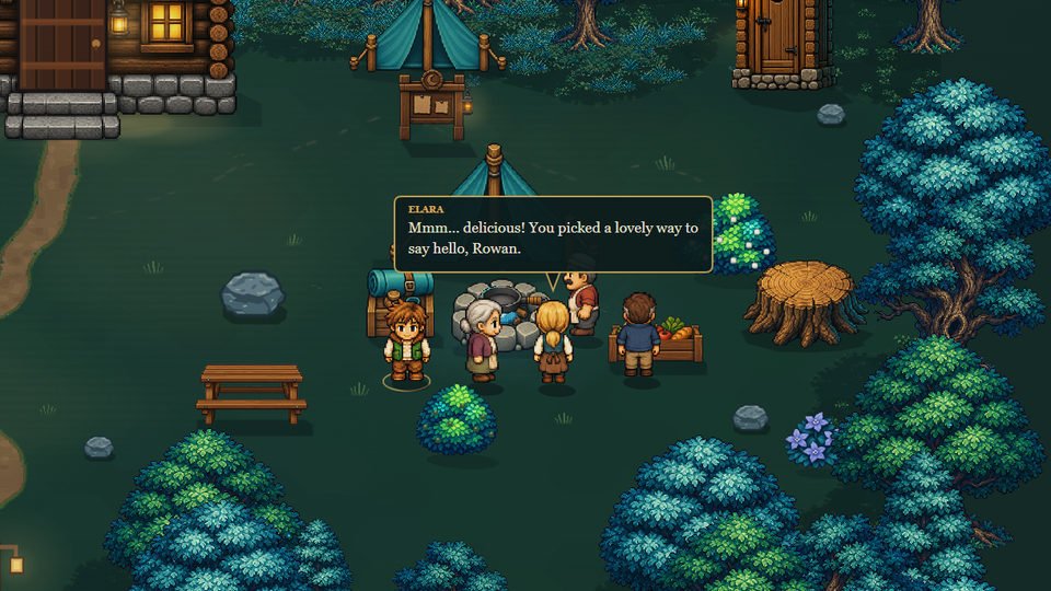Rowan, Otis, Elara, Mabel and Graham gather around the cooking fire while Elara welcomes Rowan.