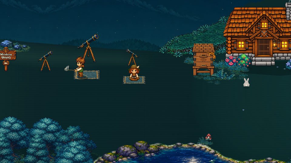 Rowan swings a bug net in the moonlit telescope clearing while Lottie sits nearby.