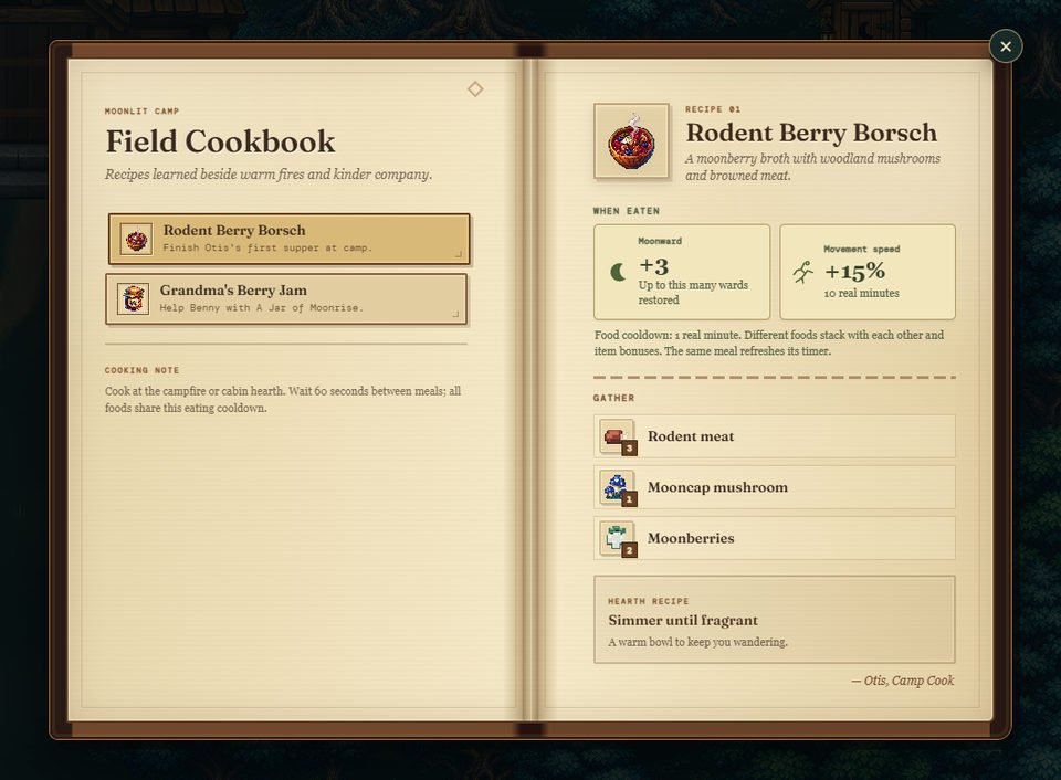 The Field Cookbook shows Otis’s Rodent Berry Borsch recipe with its ingredients and food effects.