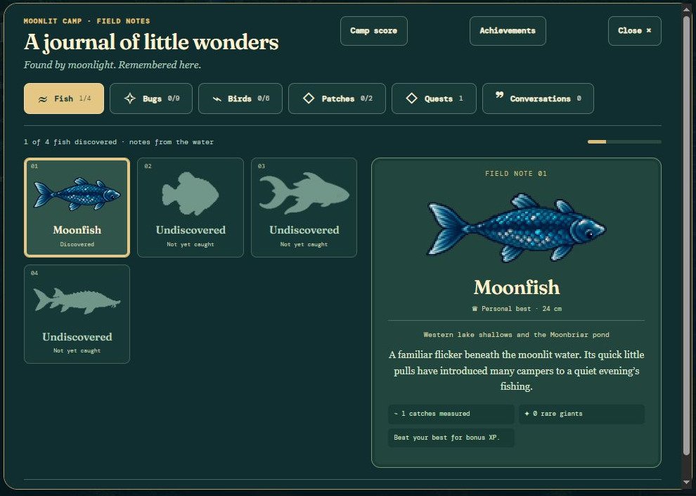 The Field Journal shows a Moonfish, its size record, four fish entries and the Fish, Bugs, Birds, Patches, Quests and Conversations tabs.