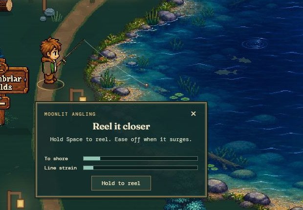 A close view of Rowan holding his fishing rod, the line reaching the moonlit pond, and the native reeling controls.
