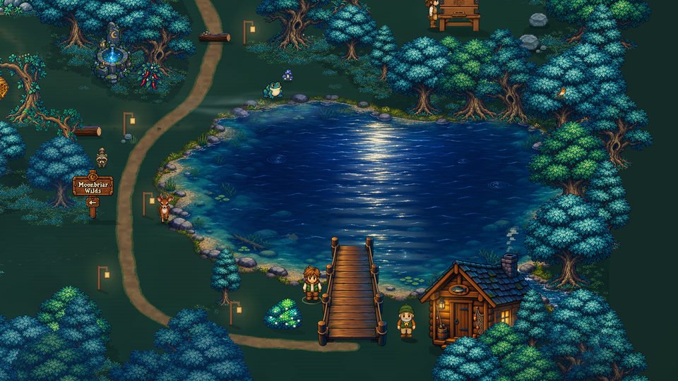 Rowan stands beside the wooden dock and fishing shack as moonlight reflects across the wooded pond.