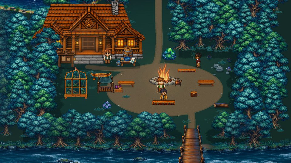 Campers gather near a bright fire outside a warmly lit wooden lodge beside the river.