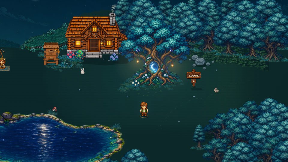 Rowan explores Moonbriar Wilds between the pond, a lantern-lit cabin and the ancient portal tree.