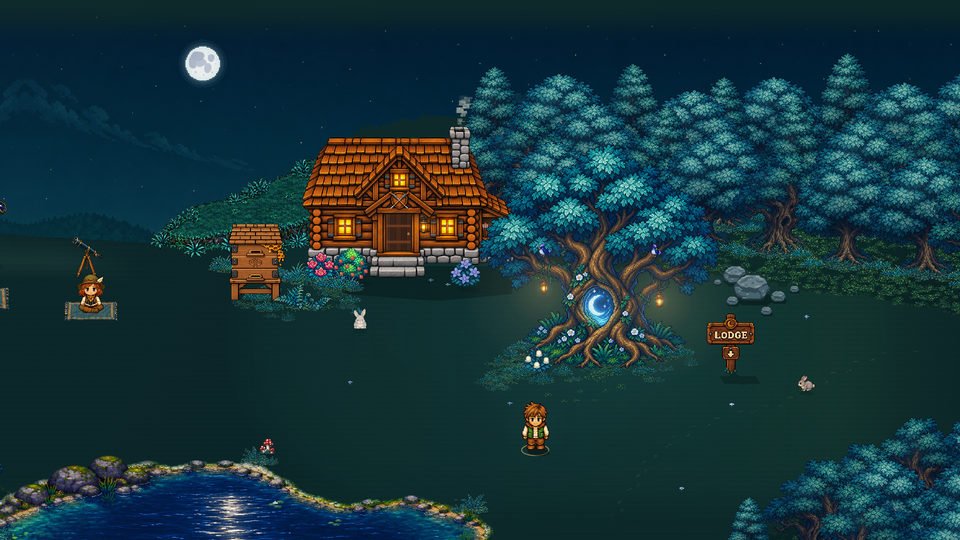 A bright moon above a warm cabin, telescopes, a glowing tree and Rowan in Moonbriar Wilds.
