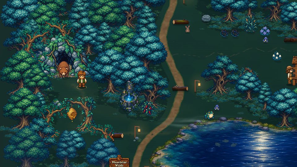 Rowan near a bear’s cave, a glowing stone fountain and the winding path beside the camp pond.