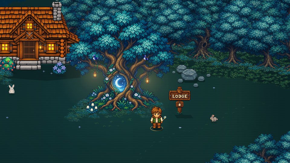 The glowing moon portal at the base of an ancient tree.