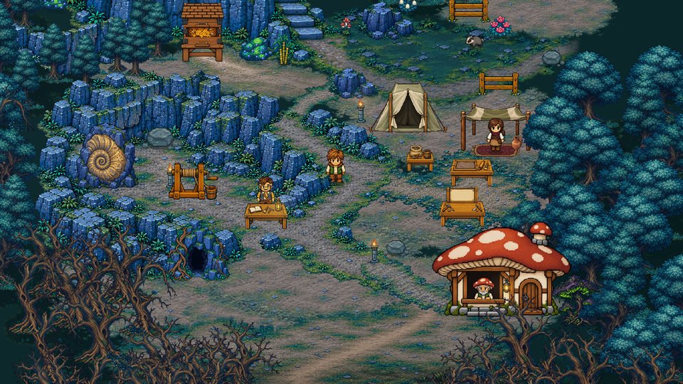 Rowan visits an excavation with a large fossil, work tables, a tent and a mushroom-shaped hut.
