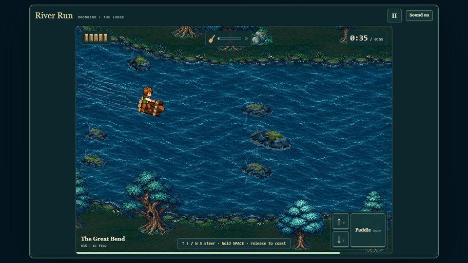 Rowan paddling his wooden raft through Moonbend’s blue rapids, around partly submerged rocks.