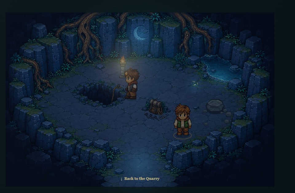 Rowan inside a dark stone cavern lit by a blue moon carving, tiny fireflies and a warm climbing torch.