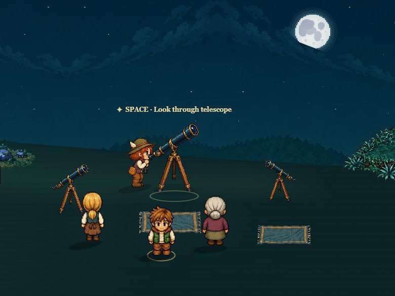 Rowan joins Lottie, Elara and Mabel at three brass telescopes beneath the moon in Moonbriar Wilds.